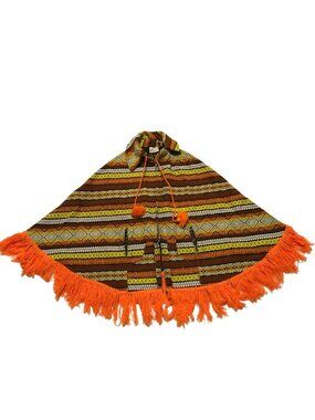 Vtg Guatemalan Poncho Made by Modern Mayan Acrylic Cotton Blend Orange Fringed